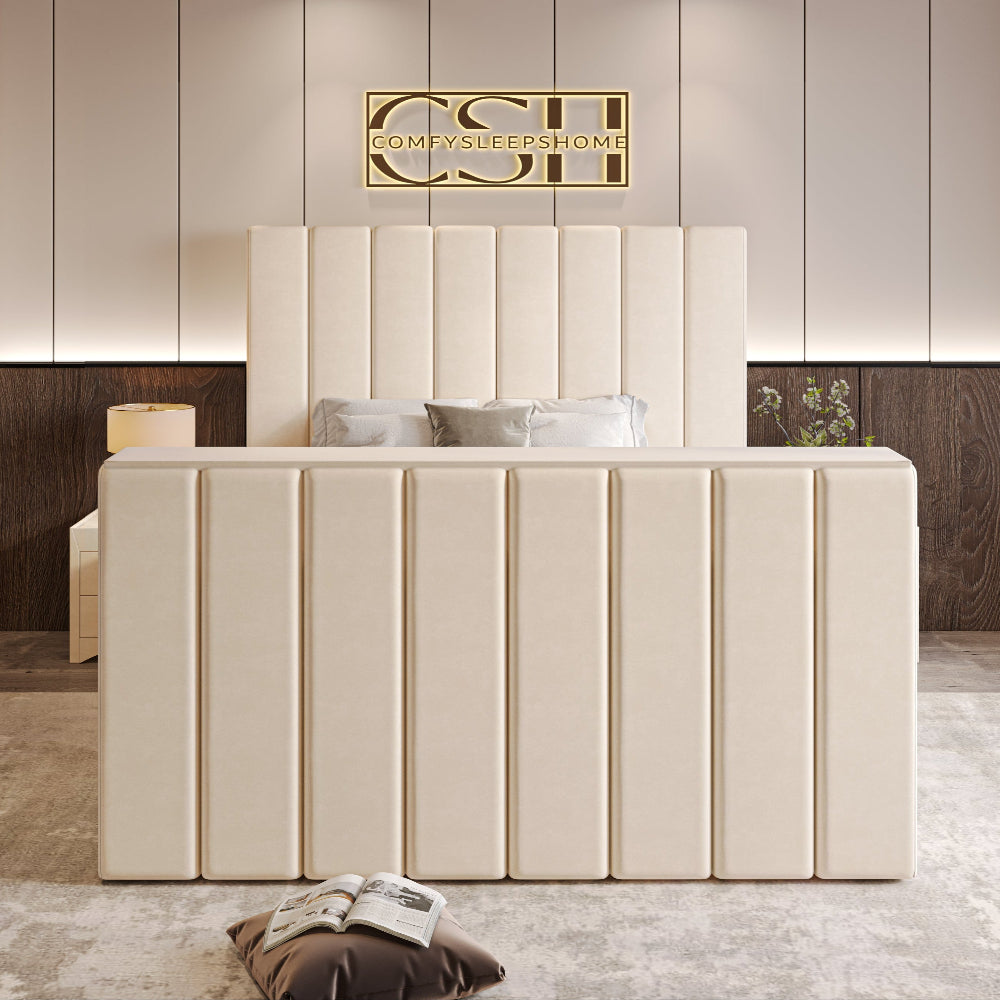A chic cream 2025 Fiorentina TV Bed with a tall, channel-tufted headboard and matching footboard, set in a contemporary bedroom.
