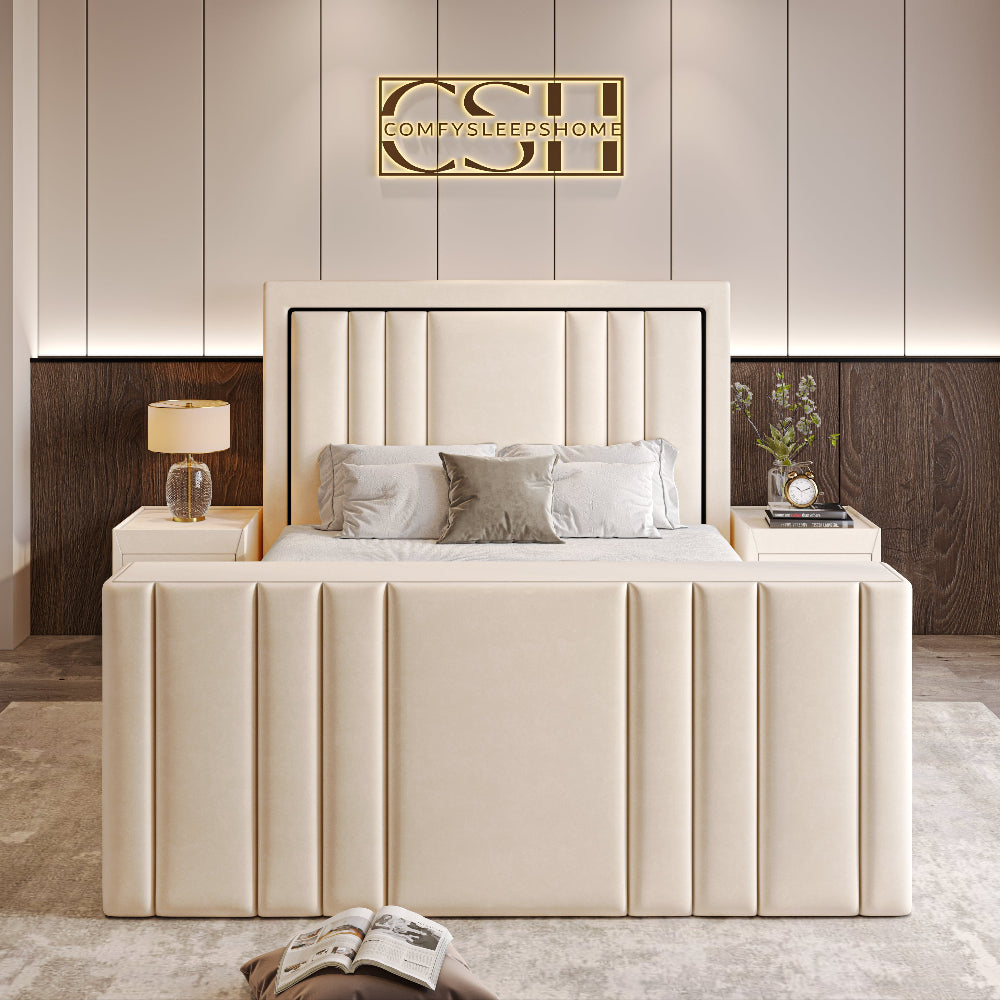 A contemporary cream 2025 Kensington TV Bed featuring a panelled headboard with a black trim and a vertical panelled footboard in a chic bedroom.