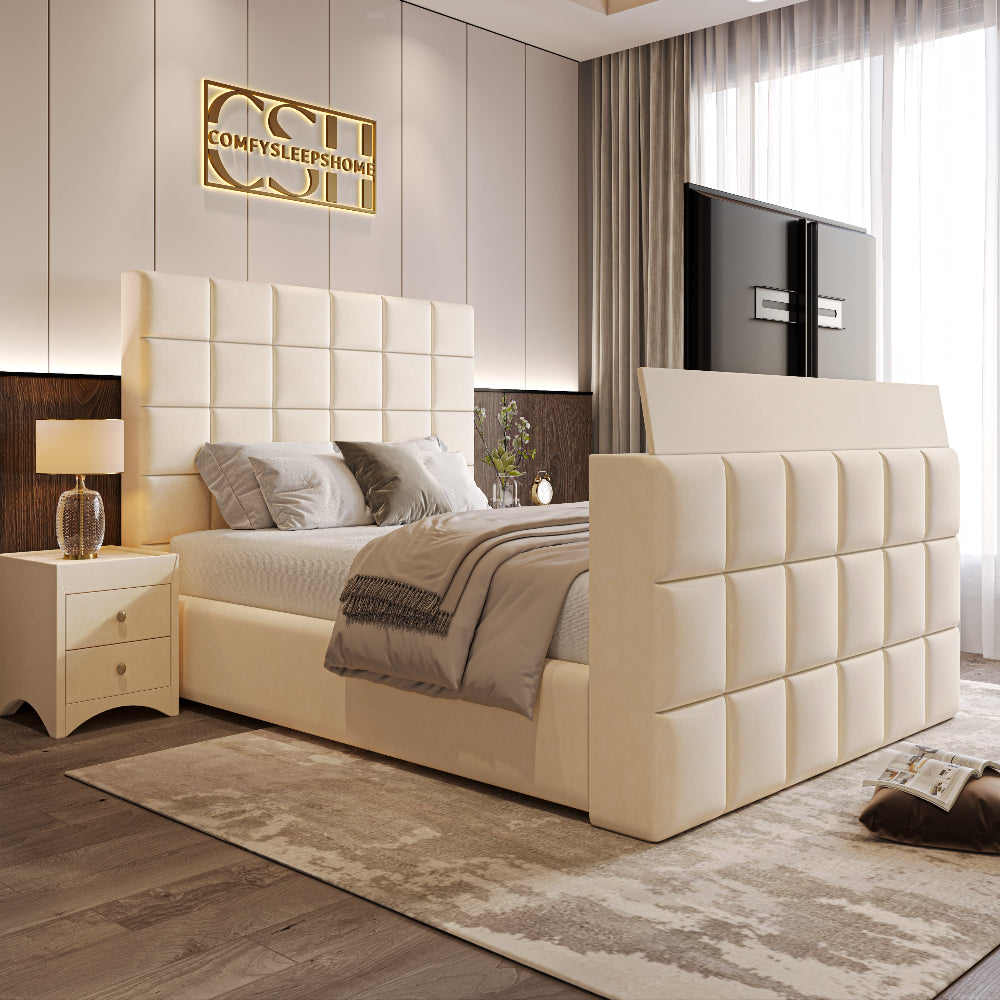 A chic cream upholstered 2025 The Cubix TV Bed with a square-tufted headboard and footboard featuring a pop-up TV, in a contemporary bedroom.