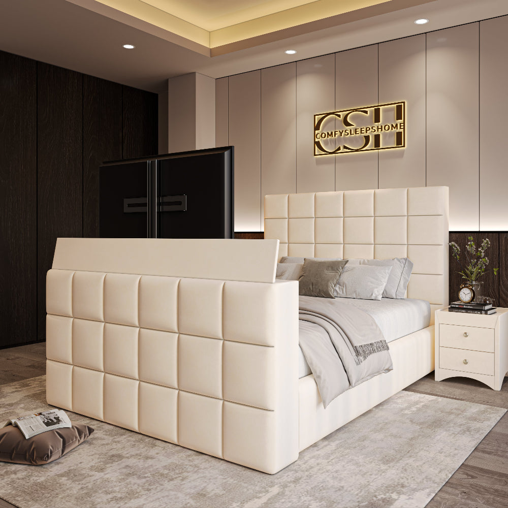 A modern cream 2025 The Cubix TV Bed with a square-tufted headboard and footboard, featuring a hidden TV in a contemporary bedroom.