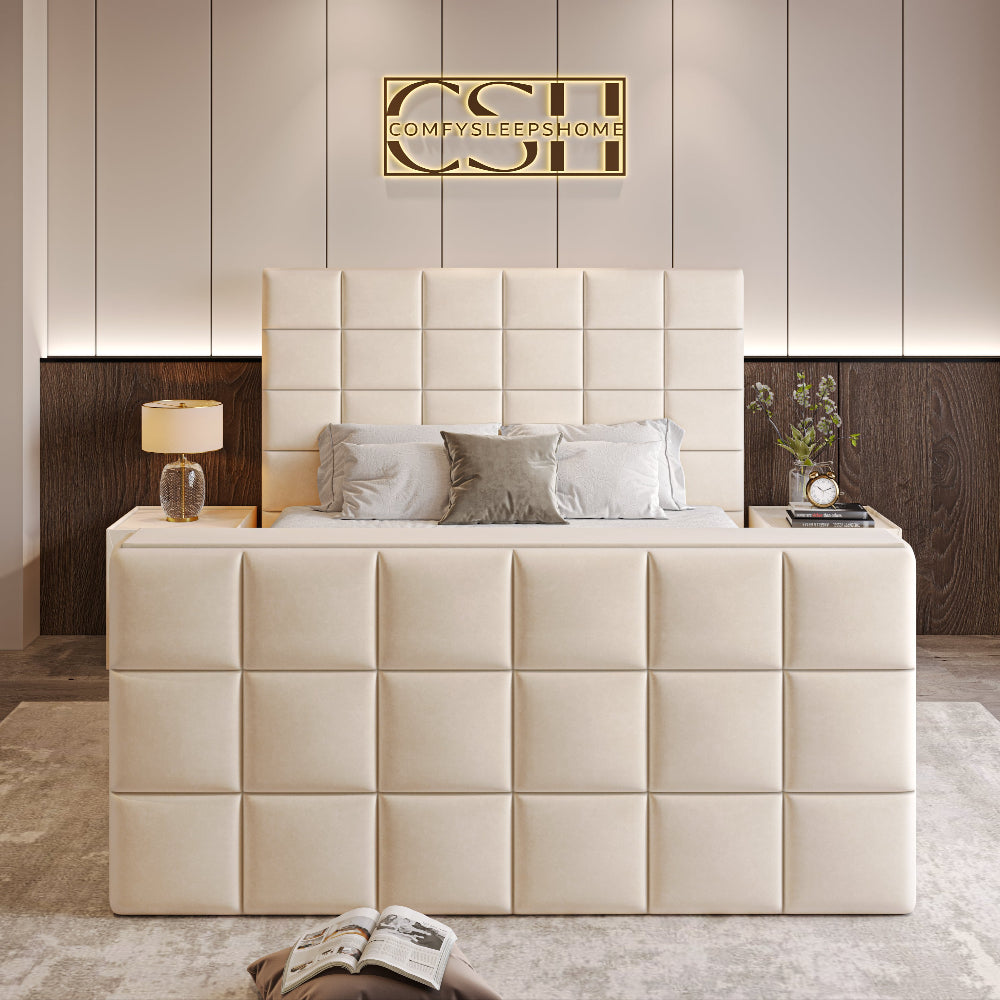 A luxurious cream 2025 The Cubix TV Bed with a modern square-tufted headboard and matching footboard, showcasing elegant bedroom furniture.