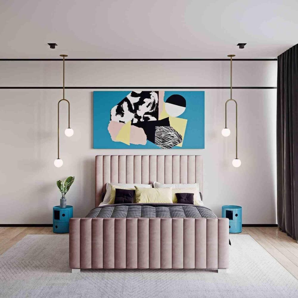 Modern bedroom featuring a Venice Panel Bed in pink, complemented by abstract artwork, stylish pendant lights, and a large window offering a street view.