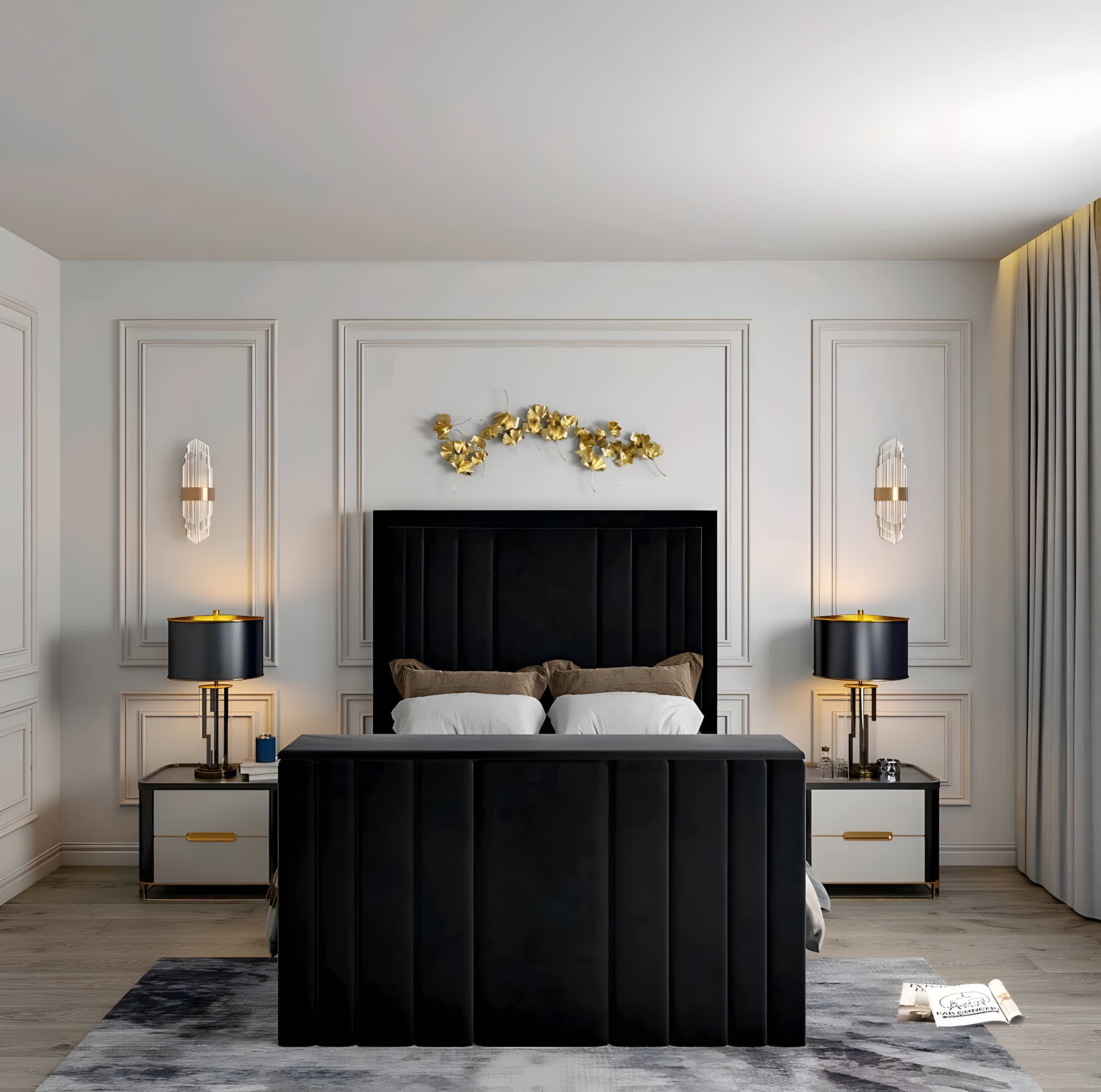 Elegant bedroom with a black double bed, flanked by nightstands and black lamps with gold accents.