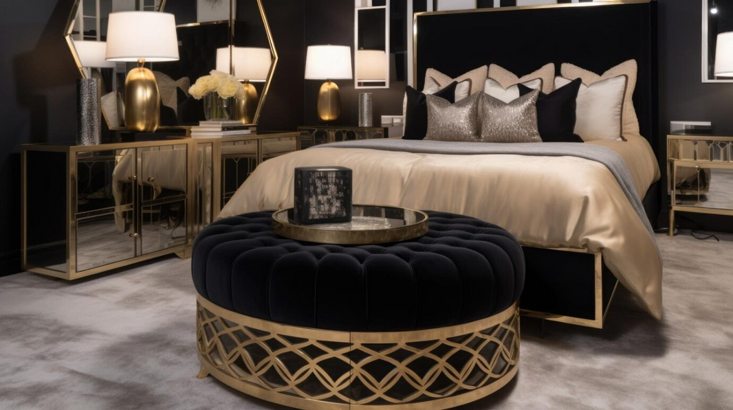 Luxurious bedroom with a black ottoman bed and gold accents.