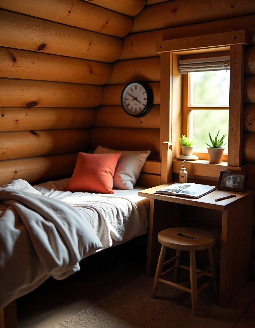 Log cabin bed with desk by the window.