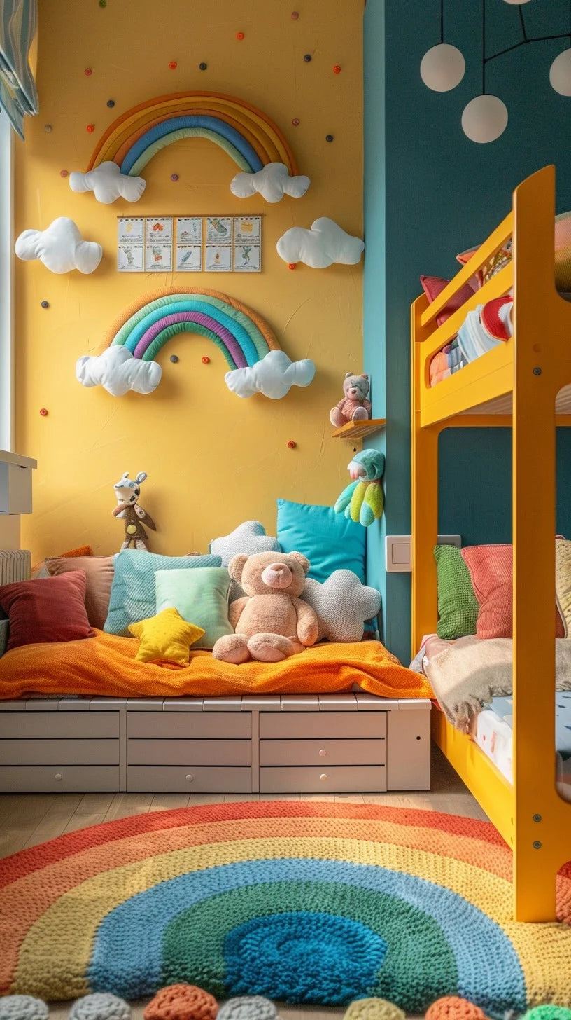 Colorful bedroom with rainbows on the wall and a Children bed with storage underneath.