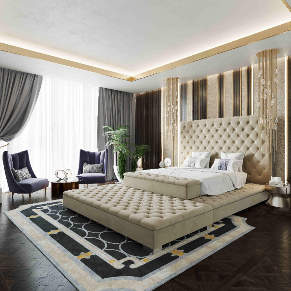 Luxurious bedroom with double bed benefits and elegant decor.