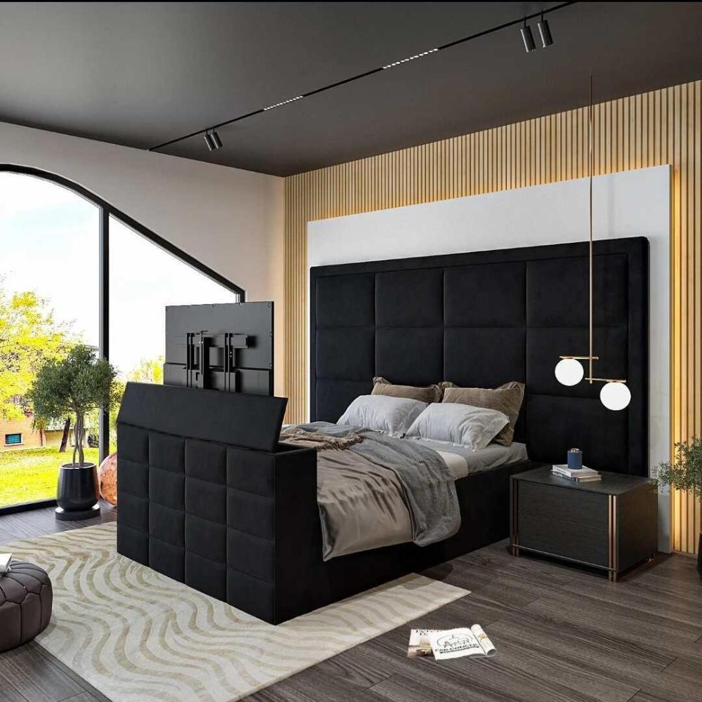 Modern bedroom with a black tufted double bed frame and large arched window.