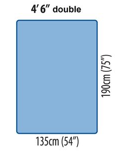 Illustration of a double mattress size with dimensions 4' 6" by 190 cm by 135 cm.