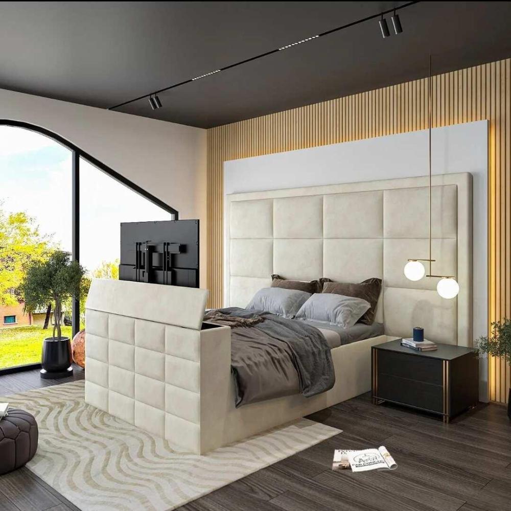 Modern bedroom with a quilted single bed frame, built-in TV, nightstand, pendant light, and large windows overlooking greenery.