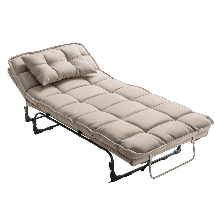 Beige folding bed with quilted mattress and metal frame.