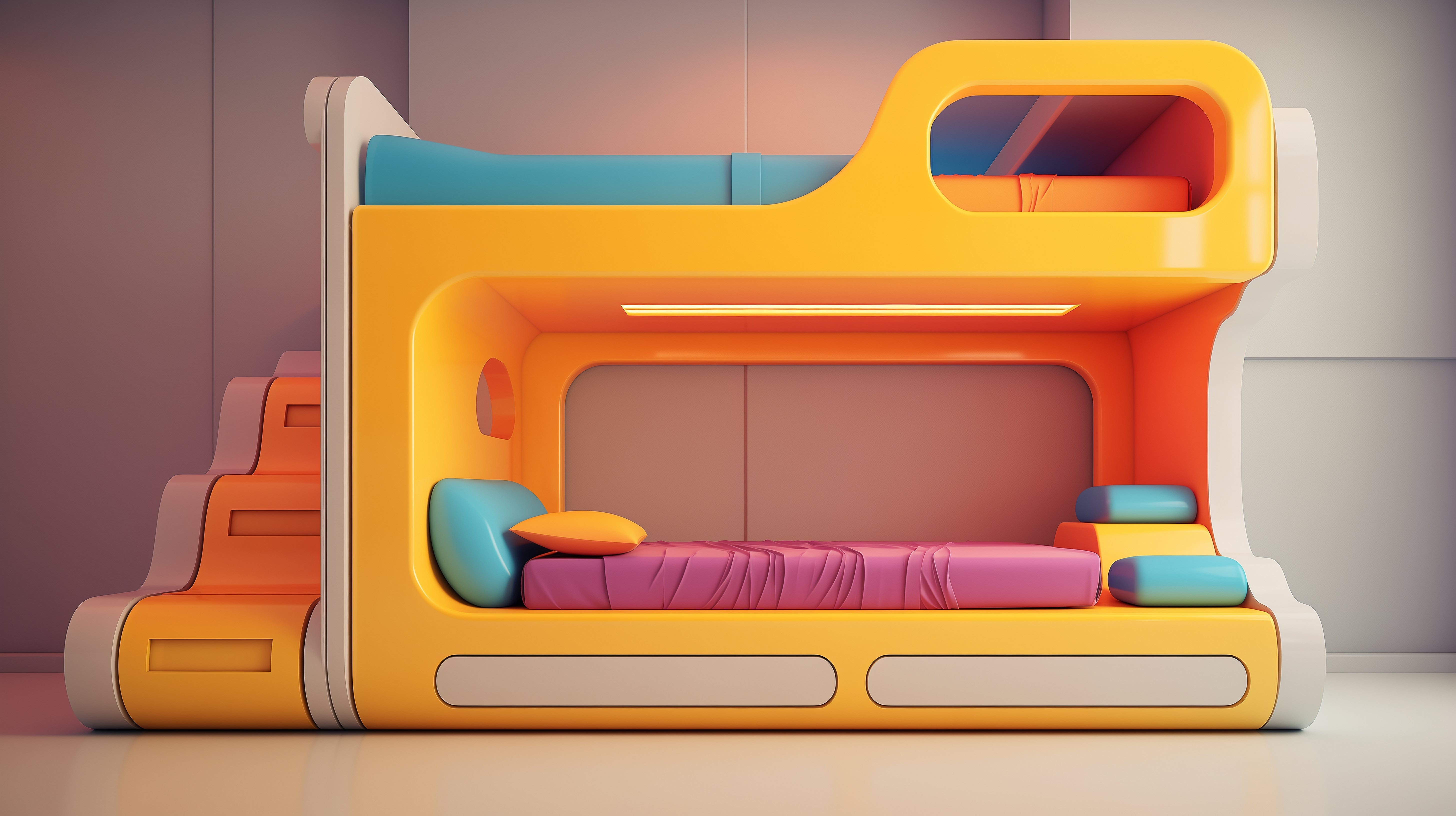 Futuristic-looking yellow and teal kids bunk bed with built-in storage and shelving, a unique and engaging kids' room design.