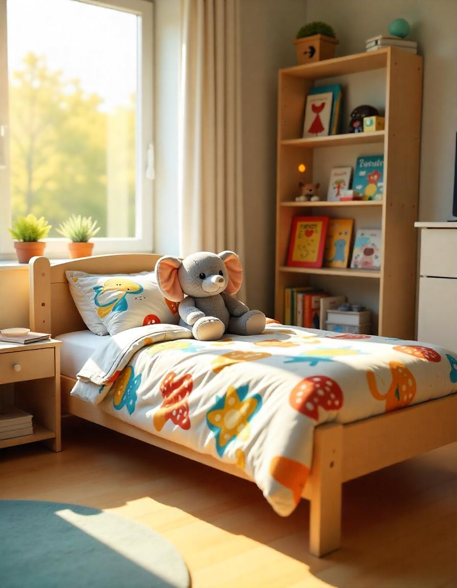 Children's room with a kids single bed featuring a colorful duvet, a plush elephant, and a bookshelf filled with books and toys.