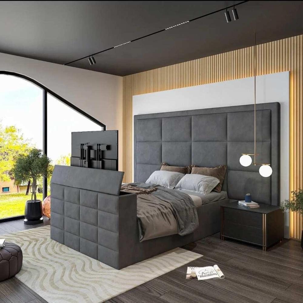 Modern bedroom featuring a king-size bed frame with upholstered panels and contemporary decor.