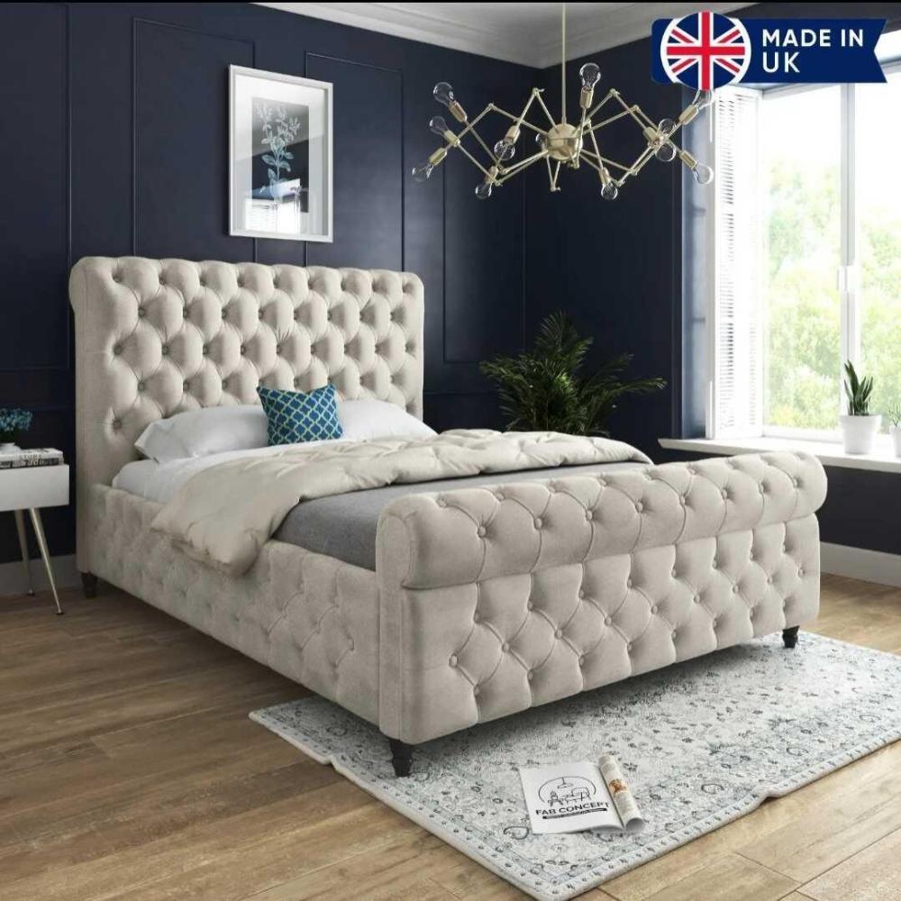 Luxurious bedroom with a king size bed with frame and tufted upholstery.
