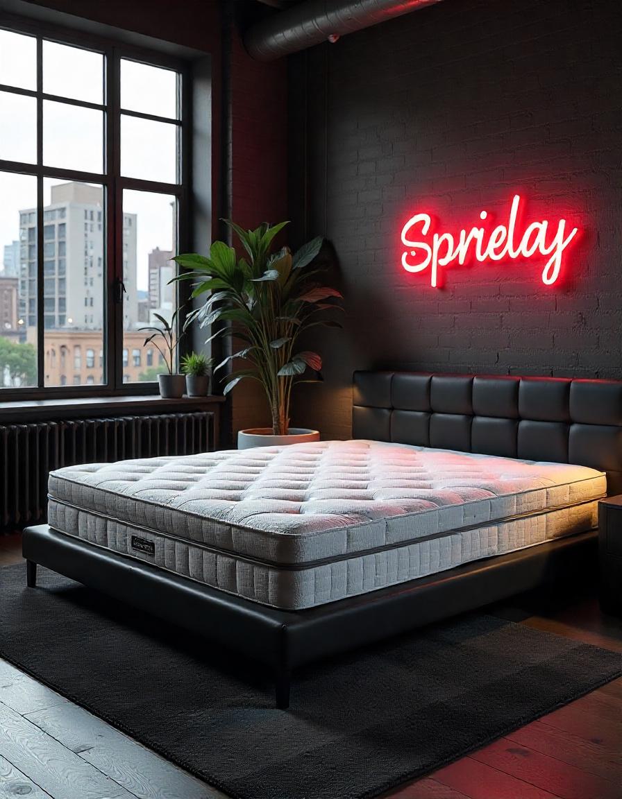 Modern bedroom with a king-size bed with mattress and a neon sign reading "Sprielay."