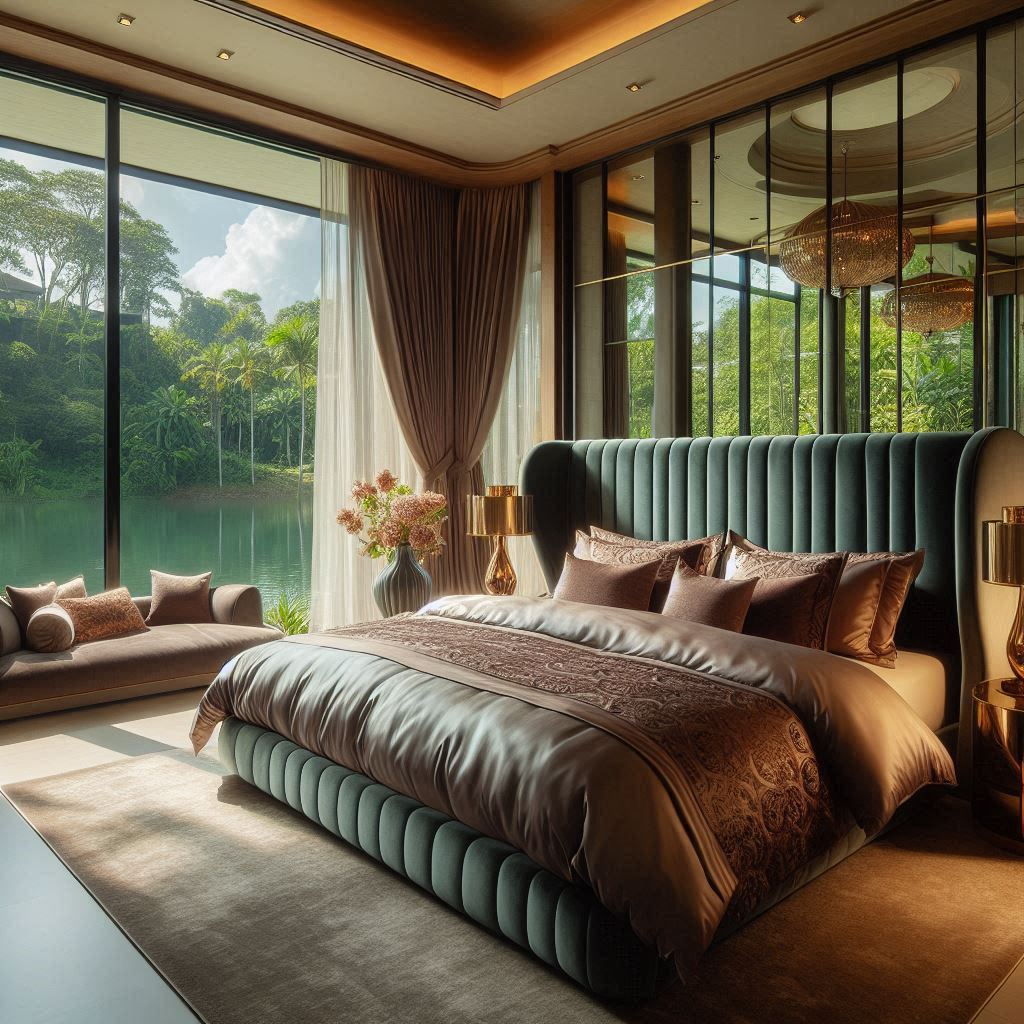 A luxury king-size bed in an elegant bedroom with a scenic garden view.