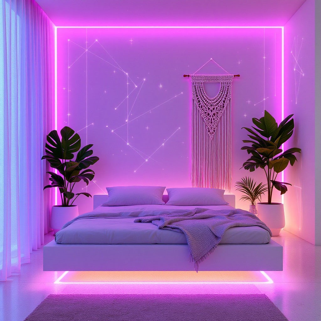 Bedroom with a platform mirror bed, pink lighting, and plants.