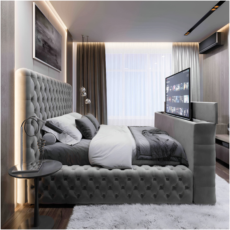 A different bedroom design featuring a fully upholstered gray tufted Queen of the bed frame with a TV lift at the foot. The room has a modern aesthetic with hanging glass pendant lights.