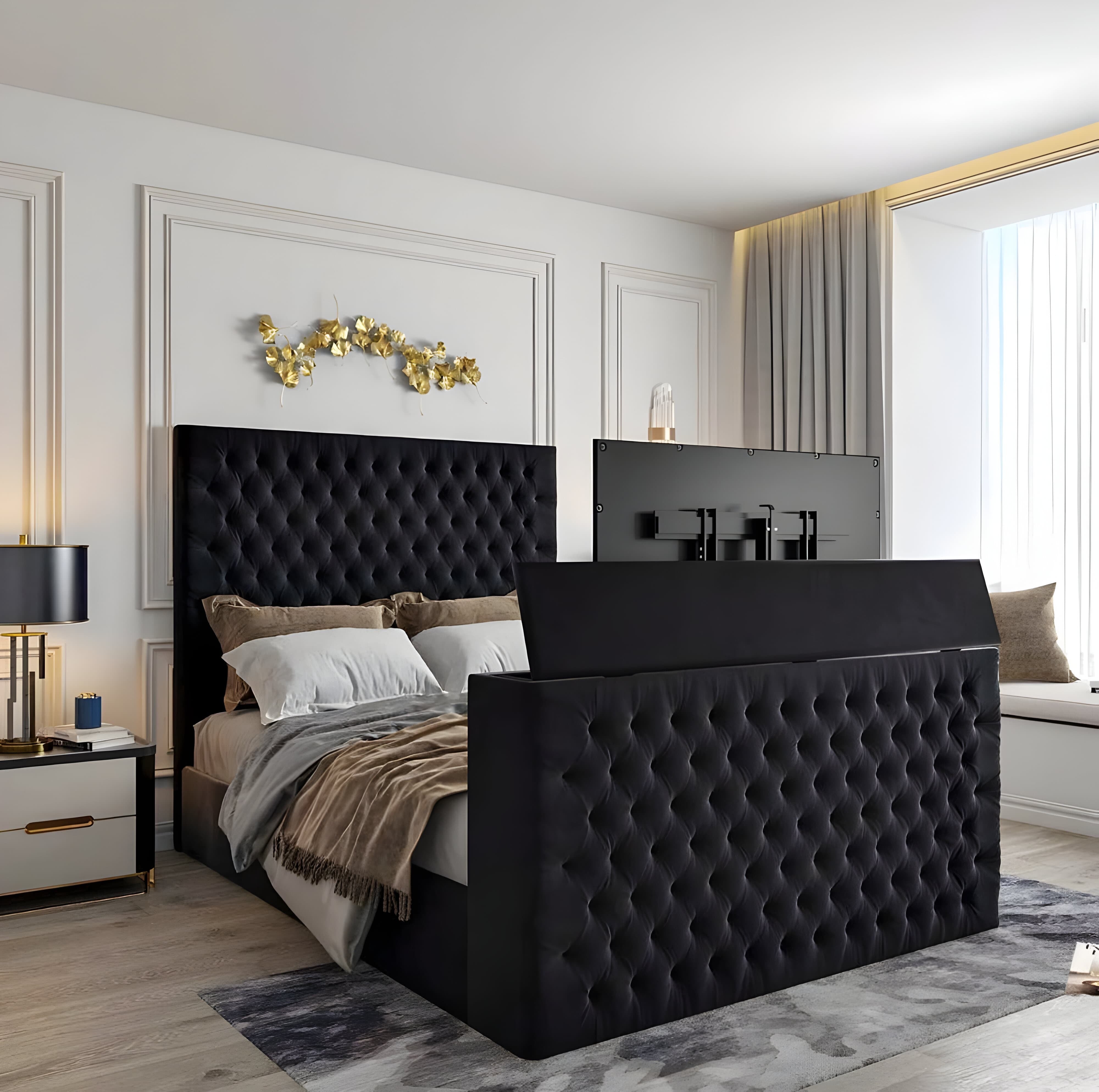 Modern bedroom with a black tufted Rattan bed frame and decorative gold leaf wall art.