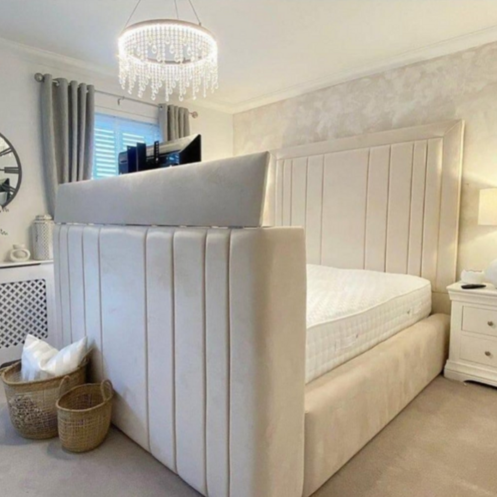 Choose single bed frame with upholstered headboard in a modern bedroom, featuring chandelier and wicker baskets.