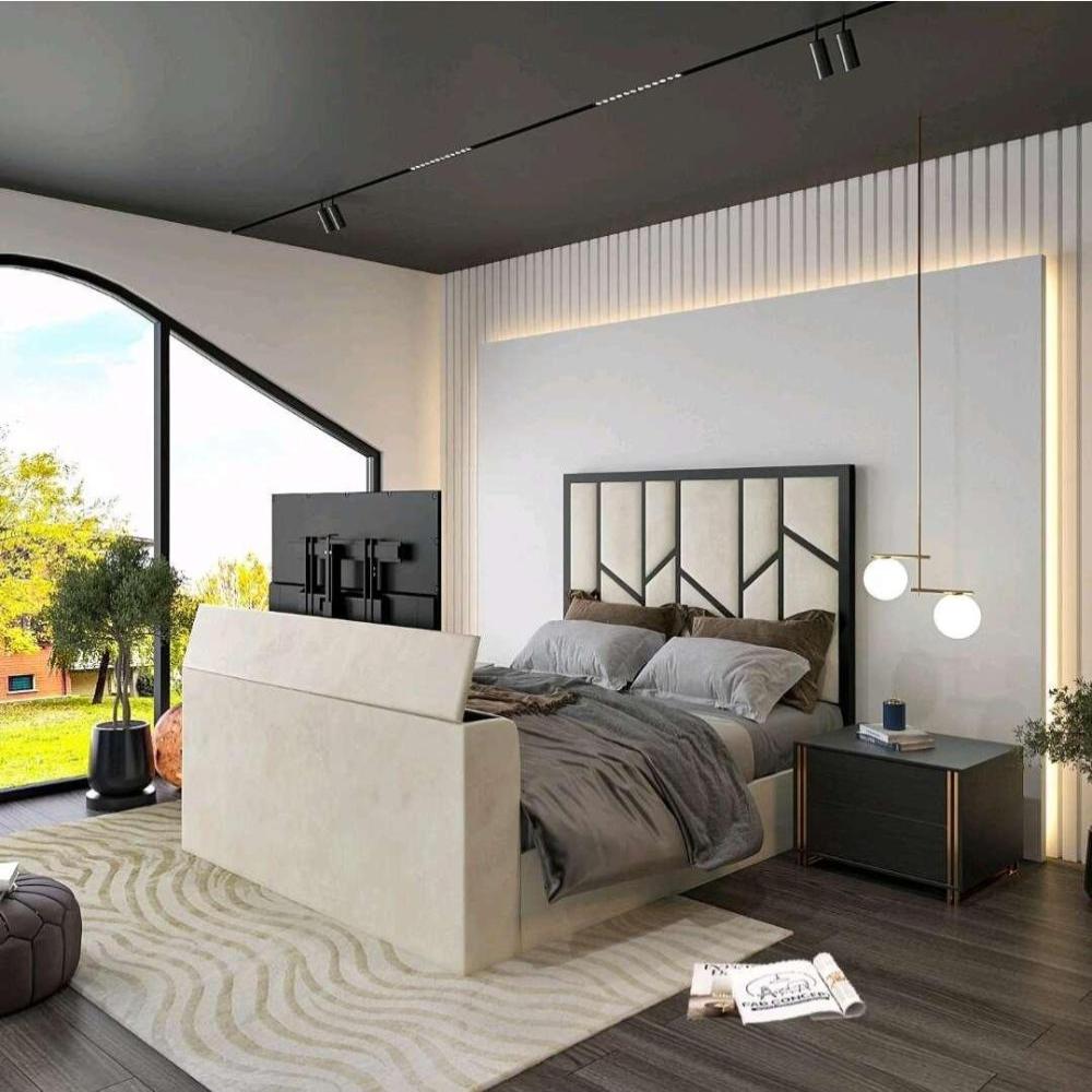Modern bedroom with a single ottoman bed side lift, dark wooden flooring, and large window.