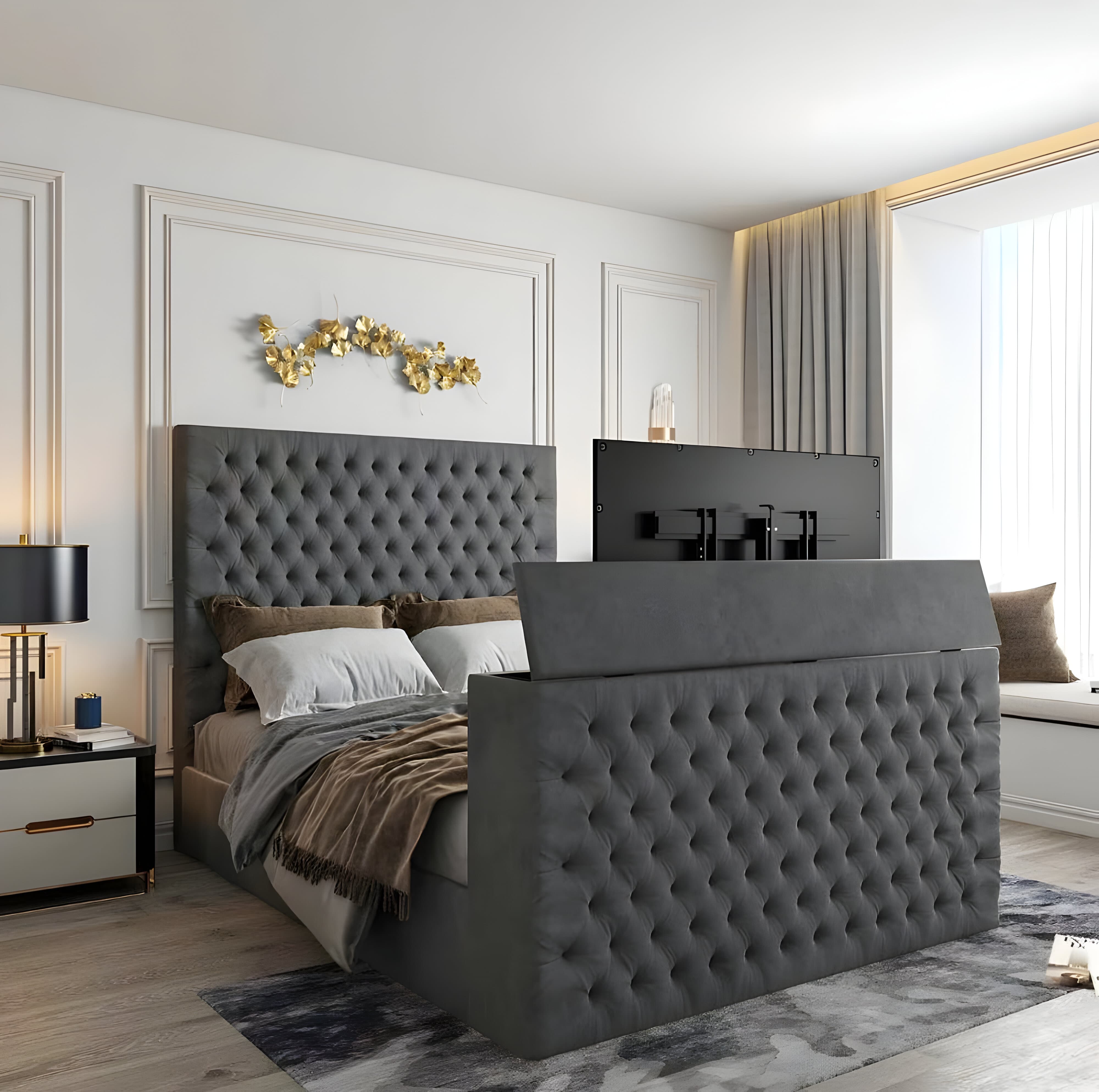 Modern bedroom with a grey tufted Single Wooden bed and neutral bedding.