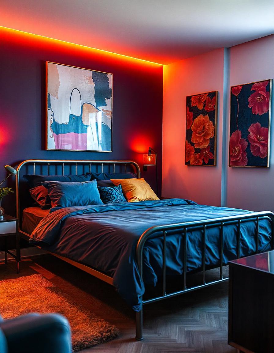 Bedroom with a small double bed size and dark bedding, red accent lighting, abstract art, and floral paintings.