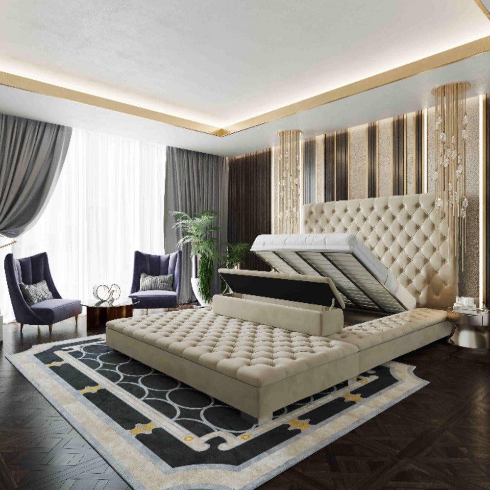 A modern bedroom featuring space-saving beds with a storage feature under a tufted design.