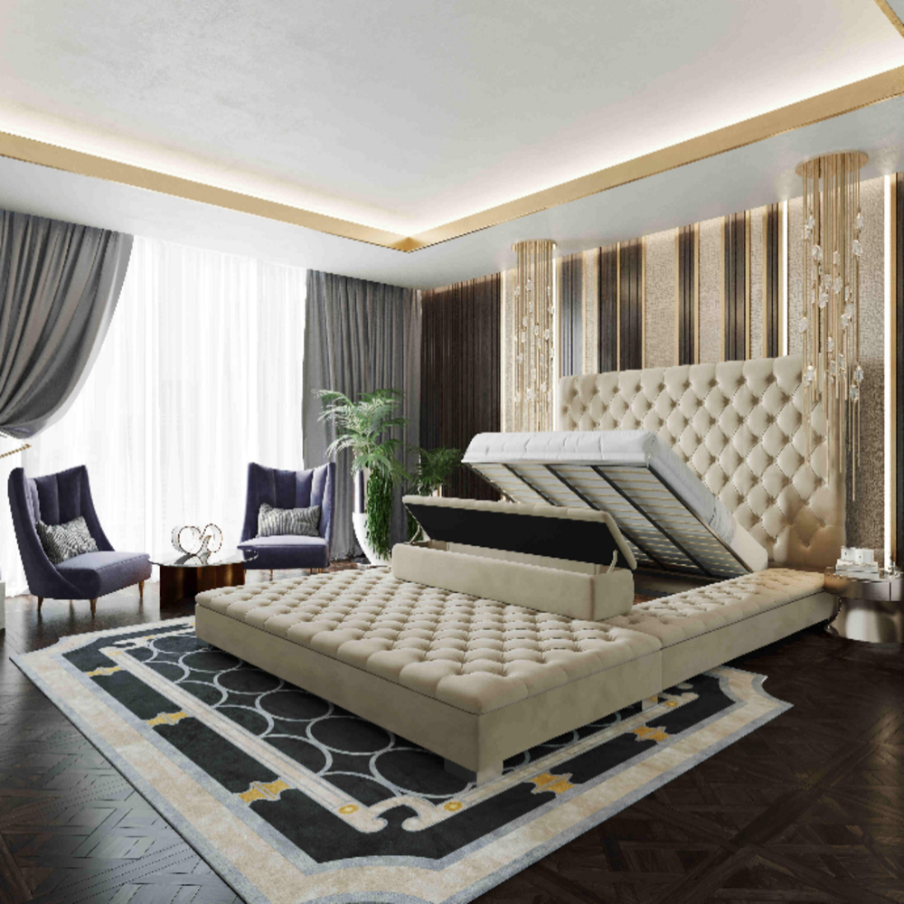 Luxurious bedroom with Super King Ottoman Bed, open storage, tufted headboard, and elegant decor.
