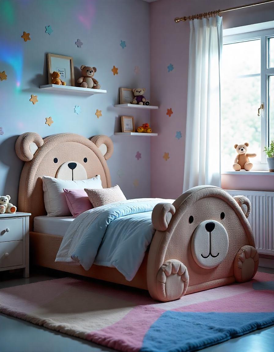 A children's room showcasing a cozy teddy bed with pastel accents and playful wall decorations.