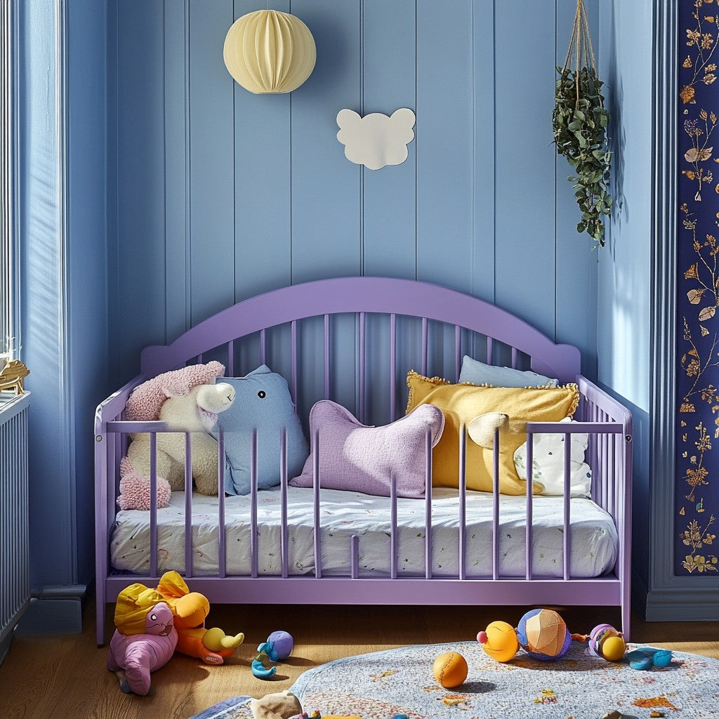 Children's room with a purple toddler bed, plush pillows, toys, and light blue walls.