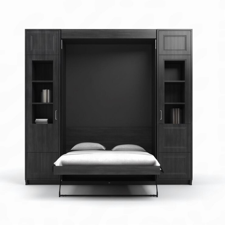 Wall bed unit with dark wood finish and side cabinets.