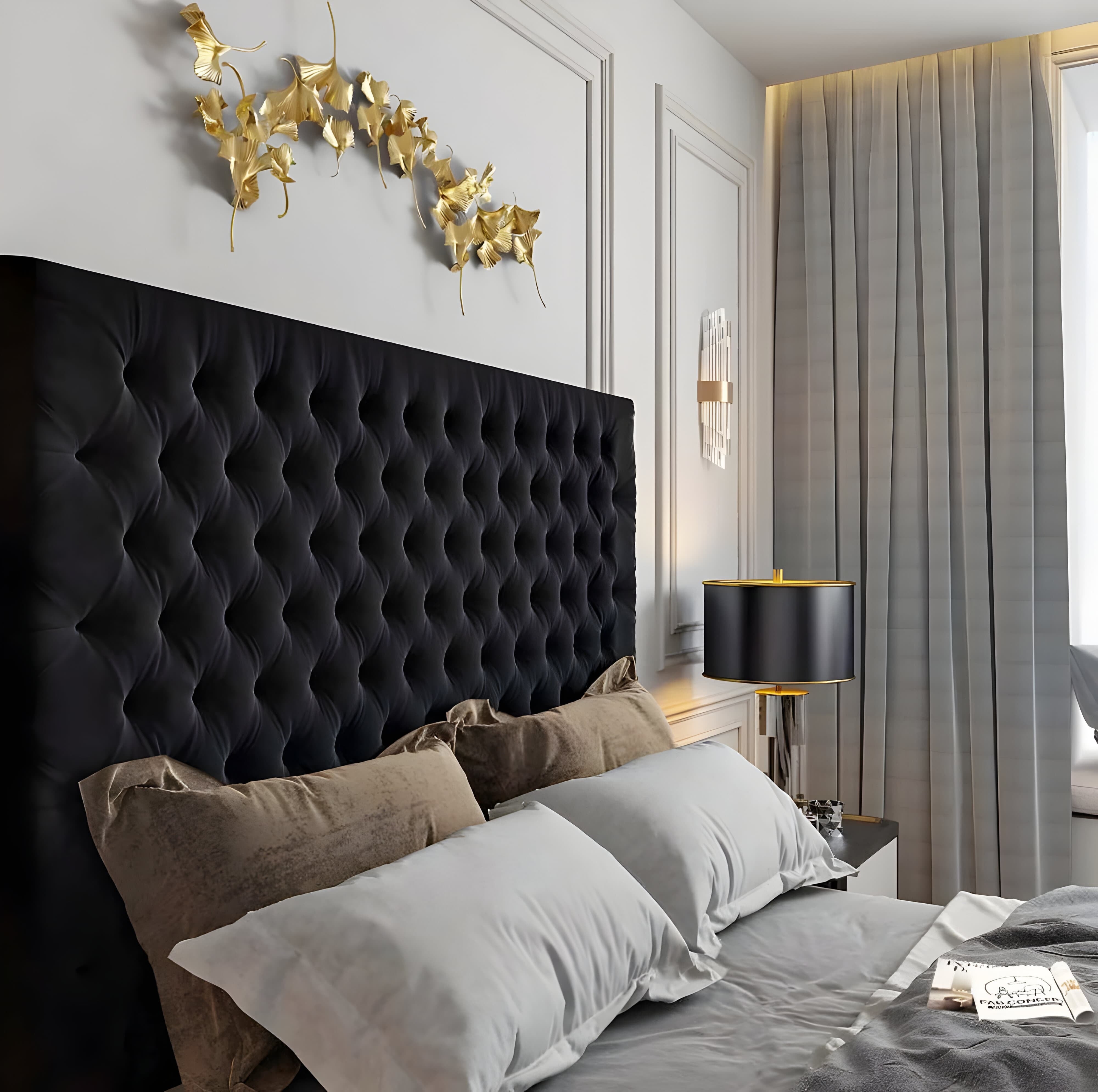 elegant bedroom with the custom, wooden headboard as the central design focus. The headboard's unique, golden leaf-like shapes are the standout feature, creating a dynamic and captivating visual centerpiece for the room.