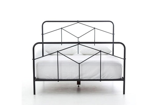Black Metal Bed Frame with a geometric pattern design against a white background