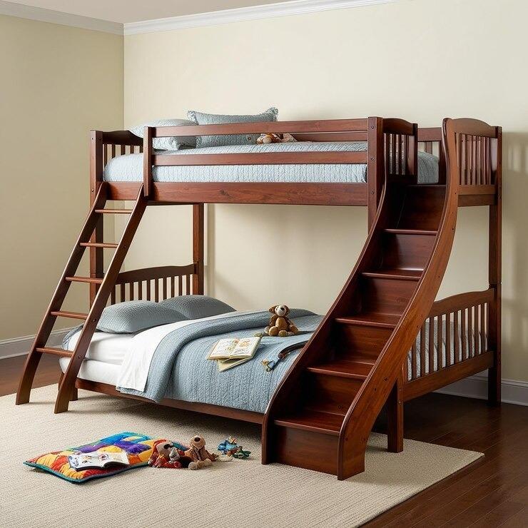 Wooden bunk beds with a ladder and slide, featuring blue bedding and scattered toys.
