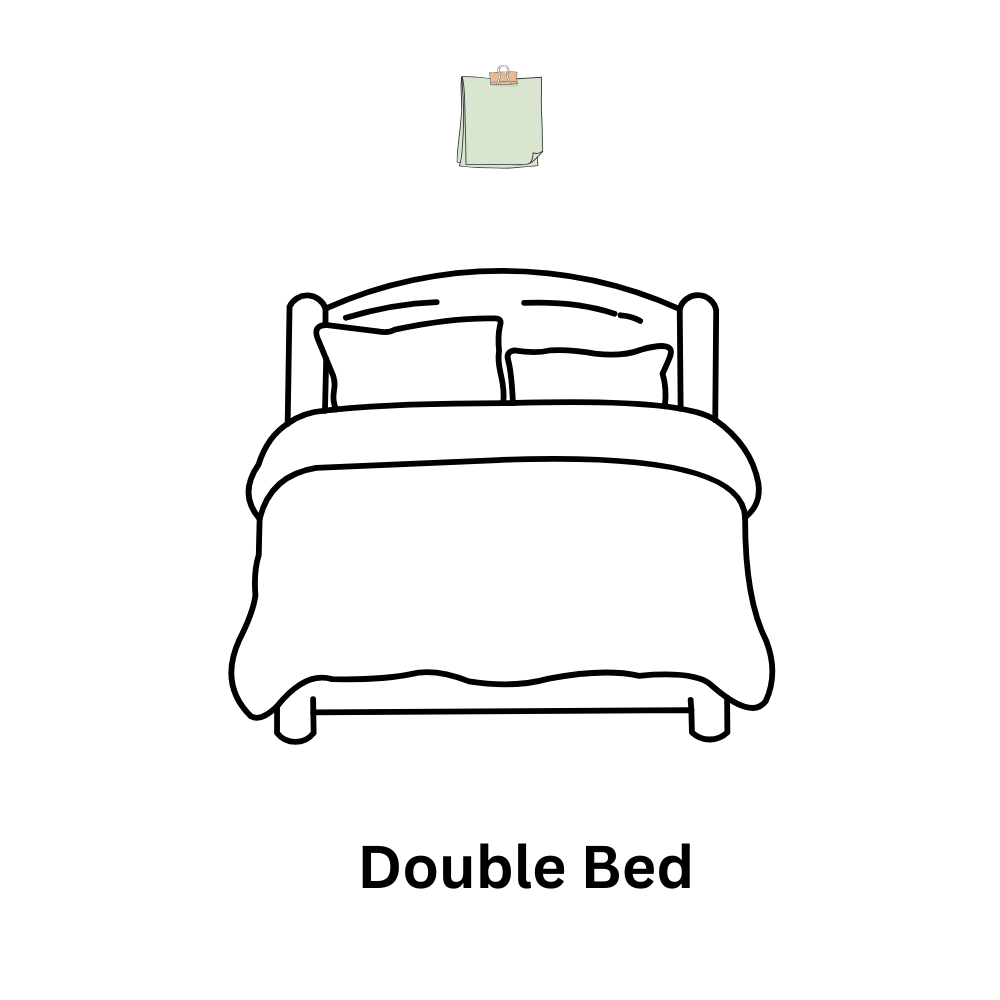 Line drawing of a double bed size bed with pillows and blanket.