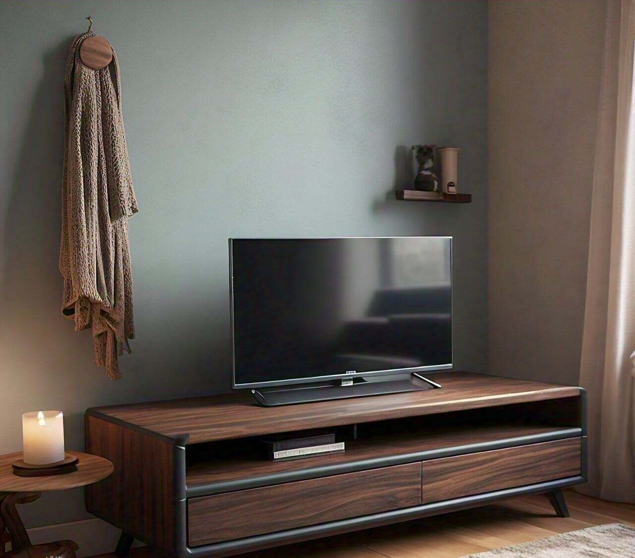 This cozy corner features a flat-screen TV on a dark wood console with drawers. 