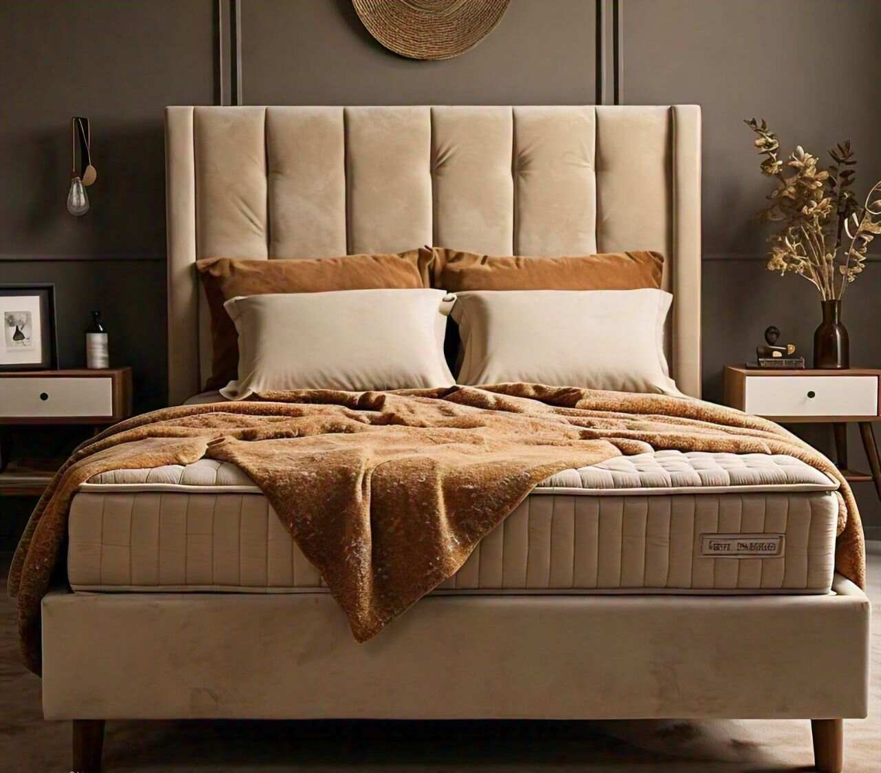 A beige upholstered Double bed with tan and white linens, flanked by nightstands in a stylish, dark-walled bedroom.