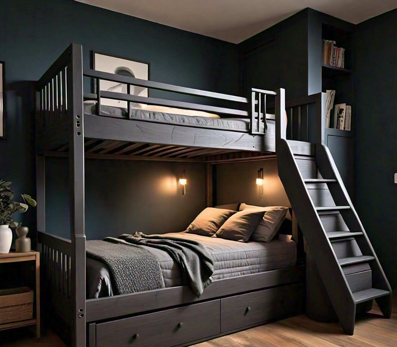 This modern bedroom showcases a dark gray high sleeper bed with a full-size lower and twin-size upper bed. A deep teal wall and muted gray bedding add sophistication and coziness, while wall-mounted lamps and built-in shelves enhance functionality.