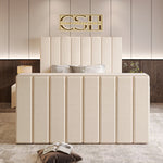 
A chic cream 2025 Fiorentina TV Bed with a tall, channel-tufted headboard and matching footboard, set in a contemporary bedroom. 