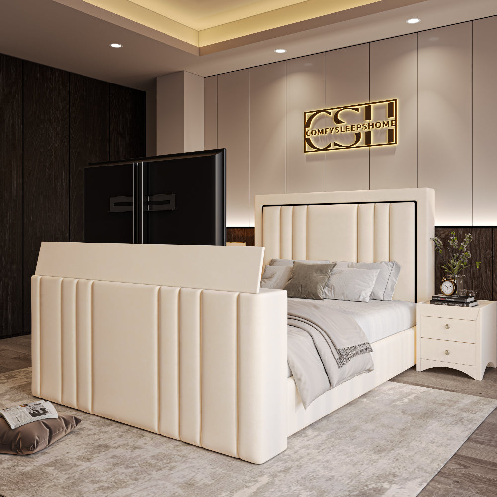 A stylish cream upholstered 2025 Kensington TV Bed with a black-trimmed, panelled headboard and a discreet pop-up TV in a modern bedroom.