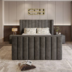 A modern grey 2025 Lynza TV Bed with a tall, channel-tufted headboard and matching footboard, set in a stylish bedroom.
