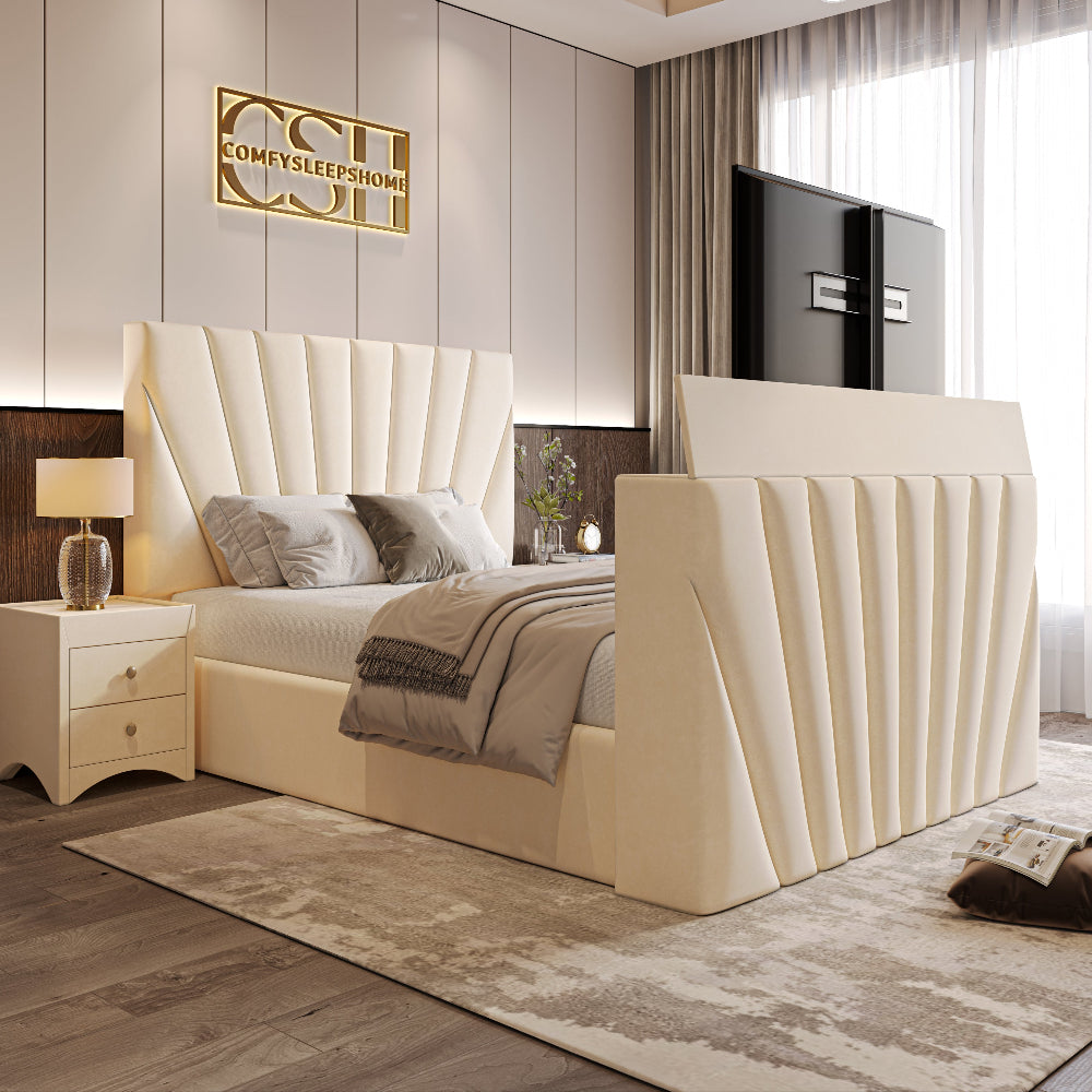 A luxurious cream 2025 The Chelsea TV Bed with a grand, channel-tufted headboard and a pop-up television, in a chic bedroom. Main image