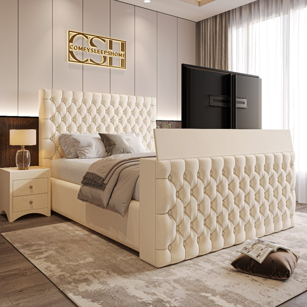 A lavish cream 2025 The Chiswick TV Bed with diamond-tufted headboard and footboard, featuring a hidden TV, in a luxurious bedroom. Main image