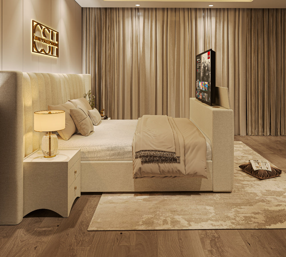 Alyssia TV Bed – a luxurious bed with a built-in TV for a cozy, modern bedroom.