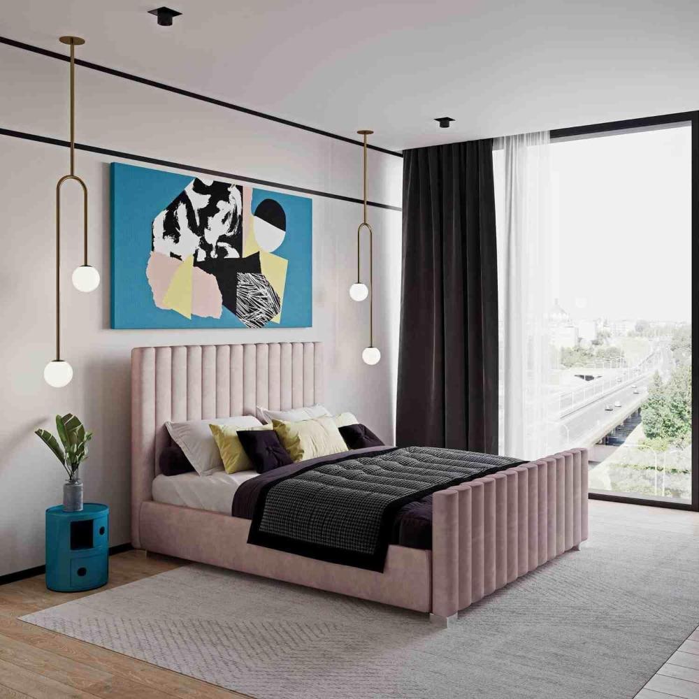 Modern bedroom featuring a Venice Panel Bed in pink, complemented by abstract artwork, stylish pendant lights, and a large window offering a street view. Main image