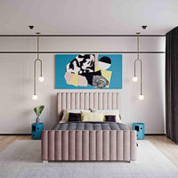 Modern bedroom featuring a Venice Panel Bed in pink, complemented by abstract artwork, stylish pendant lights, and a large window offering a street view.