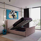 Modern bedroom featuring a Venice Panel Bed with upholstery and storage, accented by abstract artwork and a view of the city.